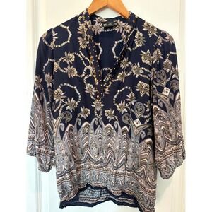 Angie Navy Paisley Boho Peasant Blouse Beaded Heart Accents 3/4 Sleeve Rayon